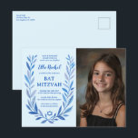 Botanische Wasserfarbe CUSTOM FOTO Bat Bar Mitzvah Postkarte<br><div class="desc">Perfekte Postkarte, um eine Fledermausmitzvah, Bar mitzvah oder andere jüdische Feier anzukündigen! Handgezeichnete, zarte Blättertramkunst für Sie! Vollständig anpassbar! Klicken Sie auf "Personalisieren" oben, um den Text zu bearbeiten, fügen Sie Ihr Foto. Klicken Sie auf "Bearbeiten mit dem Designwerkzeug", um die Schriftart, Farben und Einstellungen anzupassen. Auch als Karten und...</div>