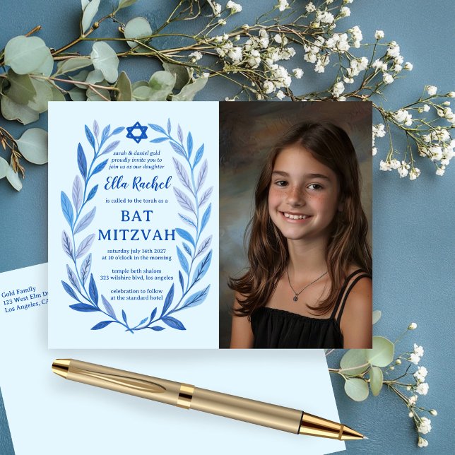 Botanische Wasserfarbe CUSTOM FOTO Bat Bar Mitzvah Postkarte (Botanical Watercolor CUSTOM PHOTO Bat Bar Mitzvah Invitation Postcard
)