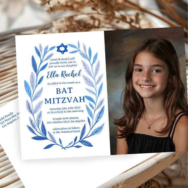 Botanische Wasserfarbe CUSTOM FOTO Bat Bar Mitzvah Postkarte (Botanical Watercolor CUSTOM PHOTO Bat Bar Mitzvah Postcard
)