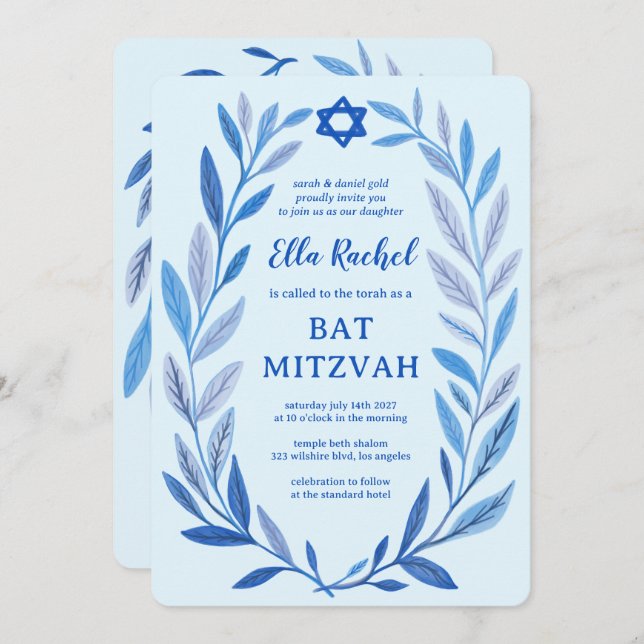 Botanische Wasserfarbe CUSTOM QR Bar Bat Mitzvah Einladung (Vorne/Hinten)