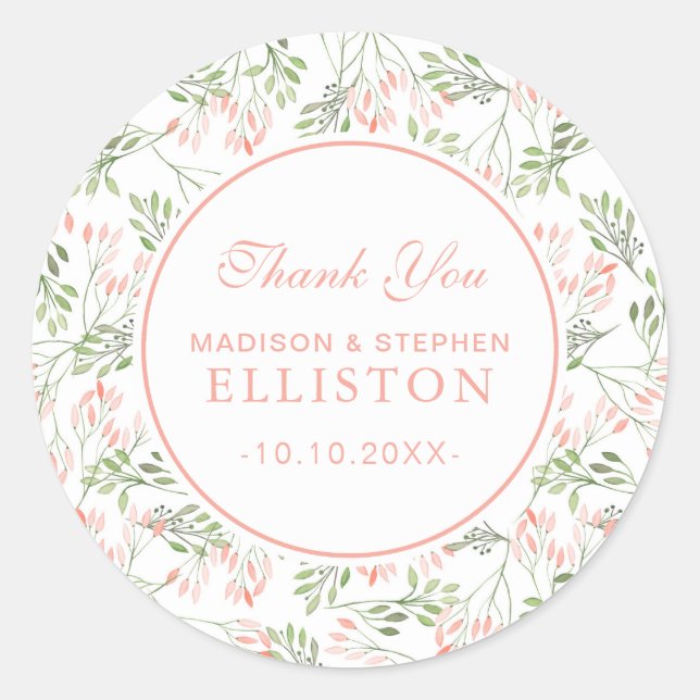 Botanische Wasserfarbe Grün/Rosa | Vielen Dank Runder Aufkleber (Vorderseite)