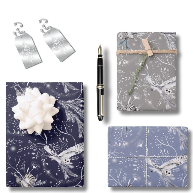 Botanische Wasserfarbe im Winter oder Weihnachten Geschenkpapier Set (Winter or Christmas Snowy Owl Botanical Watercolor Wrapping Paper Sheets)