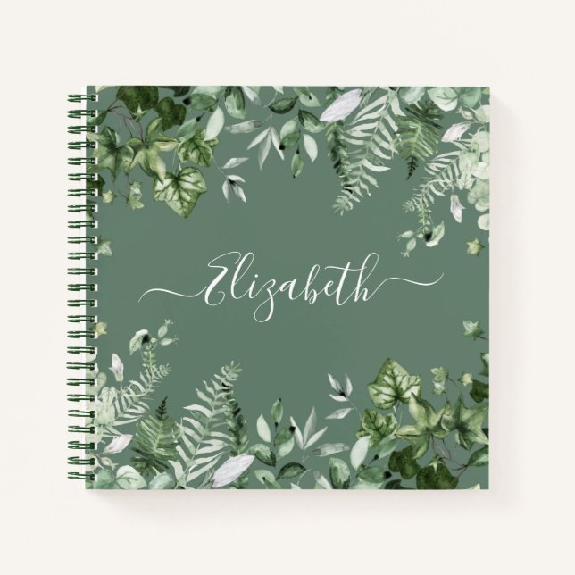 Botanische Wasserfarbe Ivy Ferns Sage Green Notizbuch (Vorderseite)