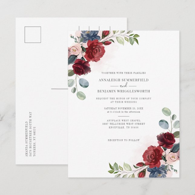 Botanische Wasserfarbenwelt Burgund Einladungspostkarte (Vorne/Hinten)