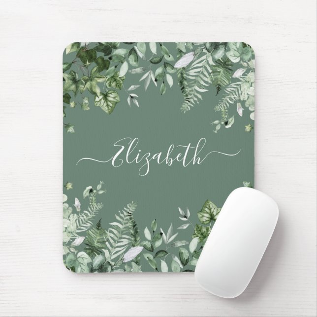 Botanische Watercolor Ferns Ivy Sage Green Mousepad (Mit Mouse)