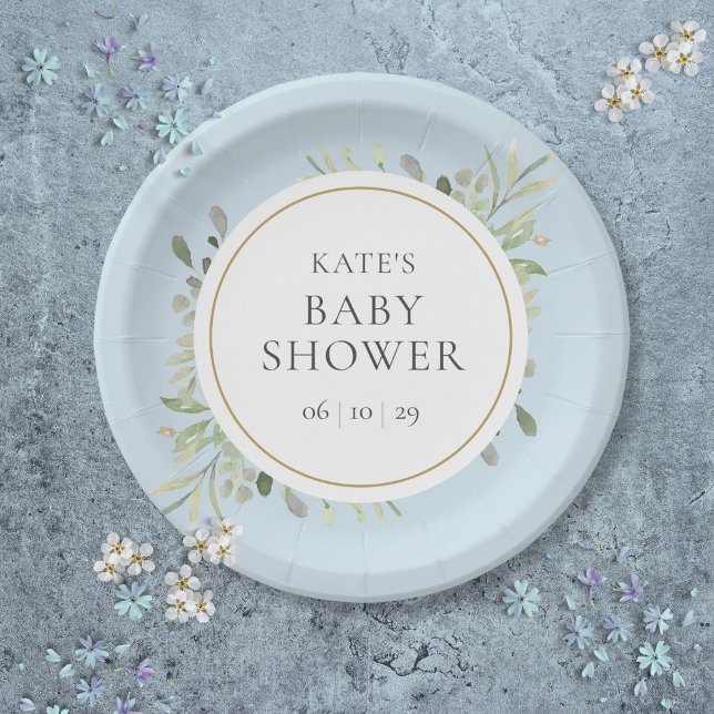 Botanische Watercolor Greenery Blue Baby Boy Dusch Pappteller (Botanical Watercolor Greenery Blue Baby Boy Shower Paper Plates)