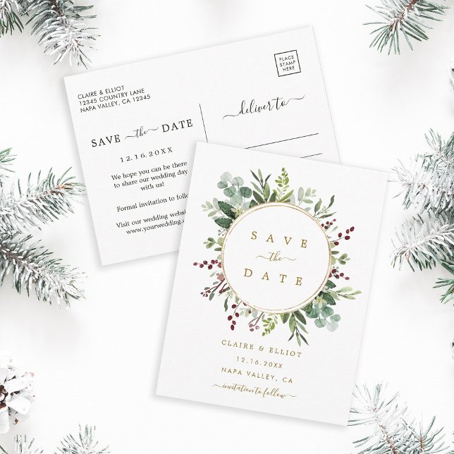 Botanische Weihnachts-Goldhochzeit retten das Datu Ankündigungspostkarte (Front & Back)
