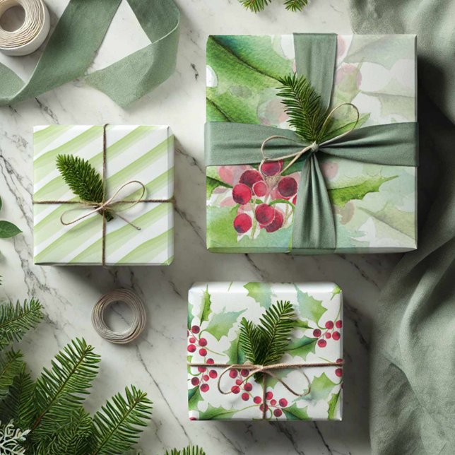 Botanische Weihnachtswasserfarbe Geschenkpapier Set (Christmas wrapping paper red berries green botanical watercolor art by Victoria Grigaliunas)