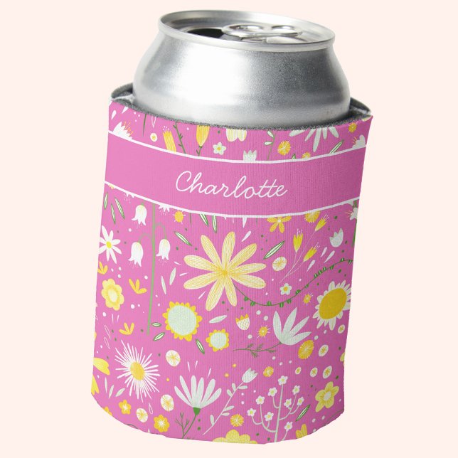 Botanische Wildblume Blütenrot Personalisiert Dosenkühler (Personalized name hot pink and yellow wildflower pattern can cooler)