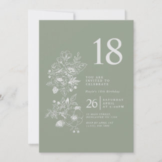 Botanische Wildblume Sage Green 18. Geburtstag Einladung