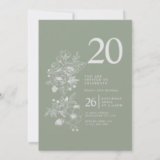 Botanische Wildblume Sage Green 20. Geburtstag Einladung