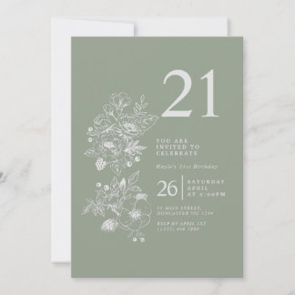 Botanische Wildblume Sage Green 21. Geburtstag Einladung