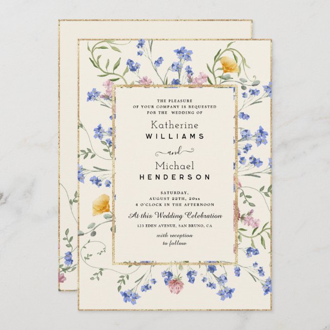 Botanische Wildblume und QR Code Hochzeit Einladung (Vorne/Hinten)