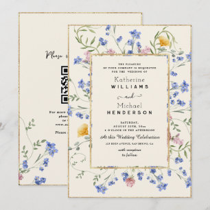 Botanische Wildblume und QR Code Hochzeit Einladung