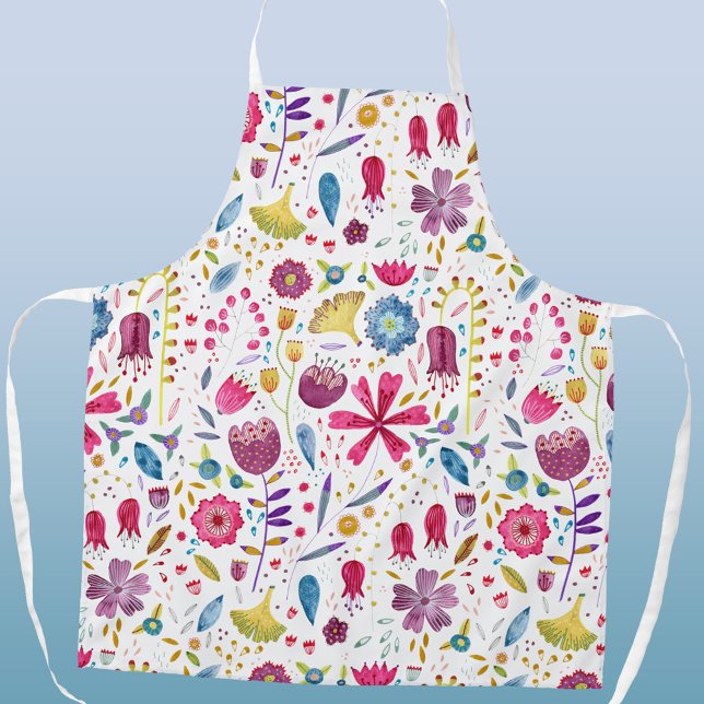 Botanische Wildblume Wasserfarbe Schürze (Modern watercolor floral wildflower art apron in pink, purple and teal on a white background.)