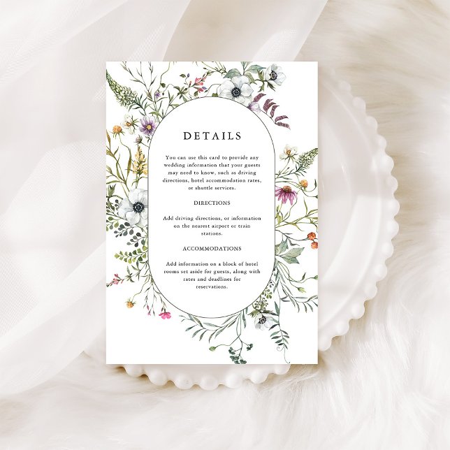 Botanische Wildblumen | Angaben zur Hochzeit Begleitkarte (An elegant wedding details card with a beautiful wildflower frame)