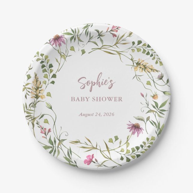 Botanische Wildblumen | Elegante Babydusche Pappteller (Vorderseite)