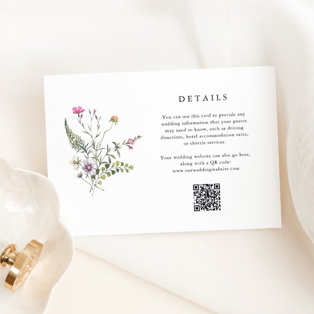 Botanische Wildblumen | Hochzeitdetails QR Code Begleitkarte (Wedding guest detail cards with an elegant watercolor bouquet and a scannable QR code)
