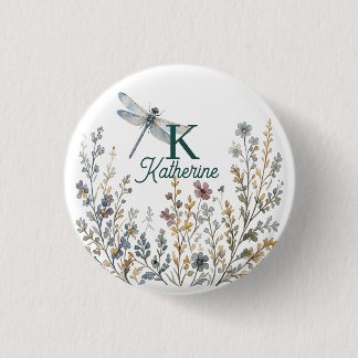 Botanische Wildblumen-Libelle-Monogramm-Canvas-Tas Button