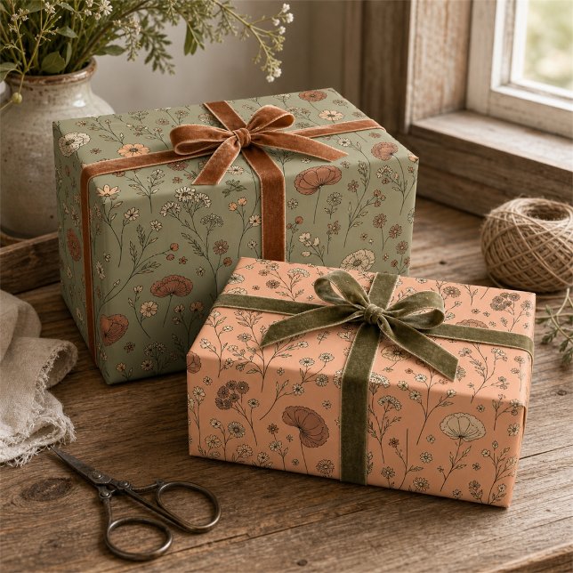 Botanische Wildblumen Peach Fuzz & Olive Green Geschenkpapier Set (Von Creator hochgeladen)