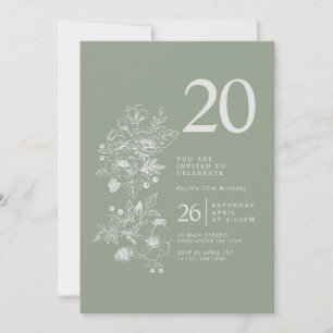 Botanische Wildblumen-Sage-Grün 20. Geburtstag Einladung