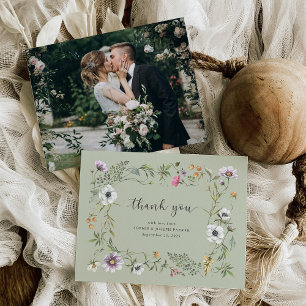 Botanische Wildblumen Soft Green Wedding Foto Dankeskarte