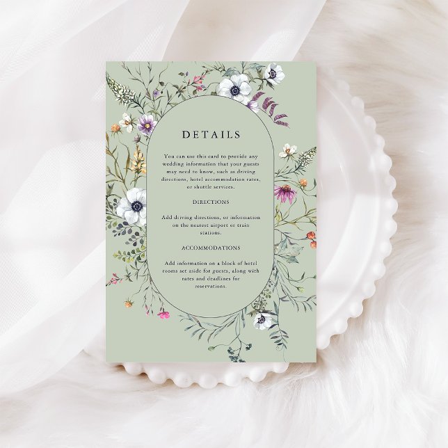Botanische Wildblumen | Weiche grüne Hochzeitdetai Begleitkarte (A pretty wildflower frame decorates these stylish soft green wedding detail cards)