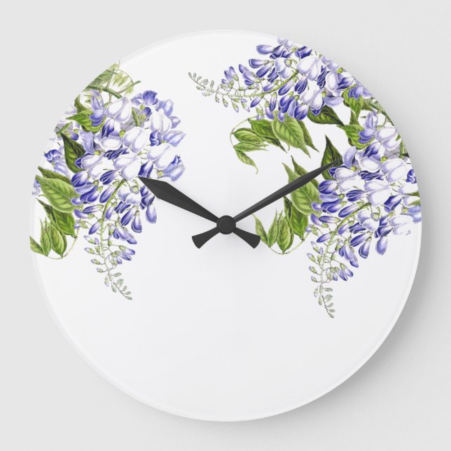 Botanische Wisteria-Blumen-Blumenwand-Uhr Große Wanduhr (Vorderseite)