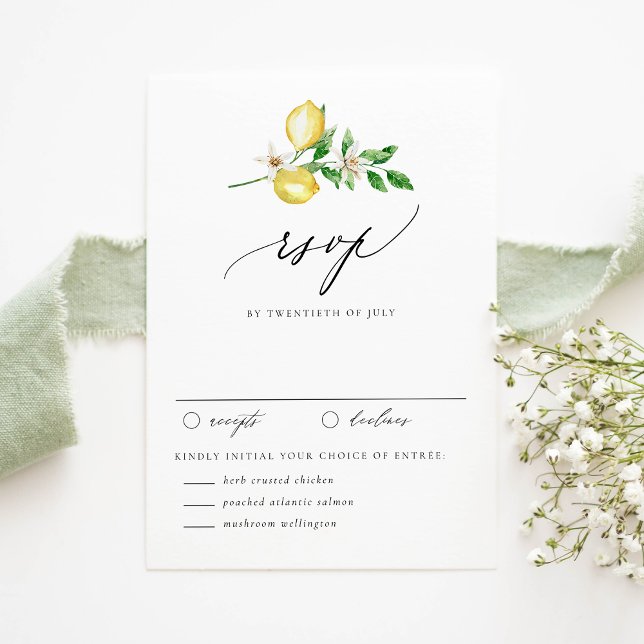 Botanische Zitronenbäume und Grüngarten Hochzeit RSVP Karte (Customizable RSVP Card with Watercolor Lemons, Blossoms & Greenery | RSVP with Date & Entree Choices)