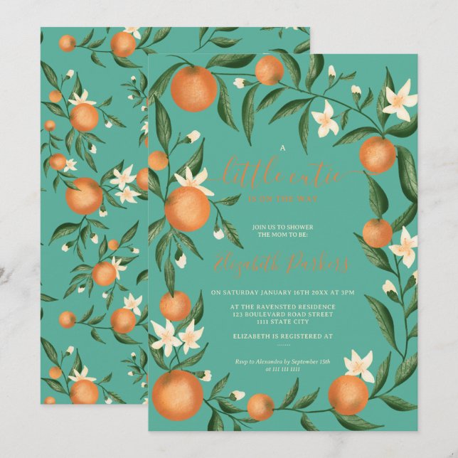 Botanische Zitrusorange kleine Süsse aquamarin Einladung (Vorne/Hinten)