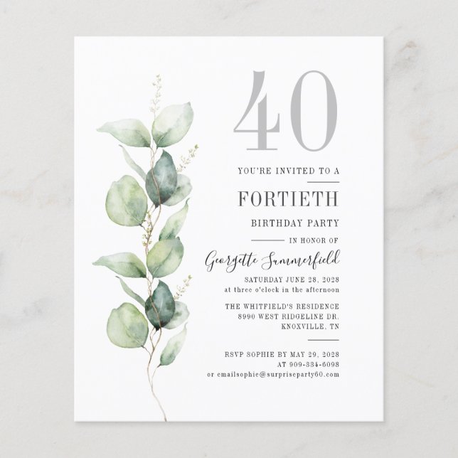 Botanischer 40. Geburtstag Eukalyptus Invites (Vorderseite)