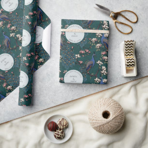 Botanischer Aquamariner Hochzeitspfau & Blume Geschenkpapier