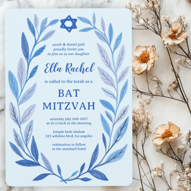 Botanischer Aquarellstern von David Bar Bat Mitzva Einladung (Botanical Watercolor Star of David Bar Bat Mitzvah Invitation
)