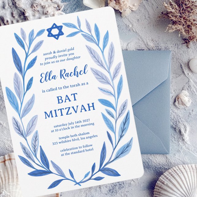 Botanischer Aquarellstern von David Bar Bat Mitzva Einladung (Botanical Watercolor Star of David Bar Bat Mitzvah Invitation
)