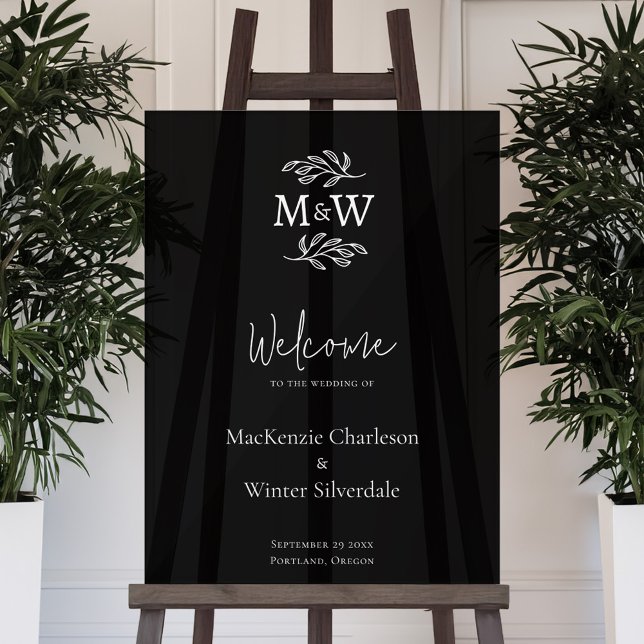 Botanischer Begrüßungsempfang für das Wedelpaar Mo Acrylschild (Modern minimalist wedding couple monogram initial wedding welcome sign)