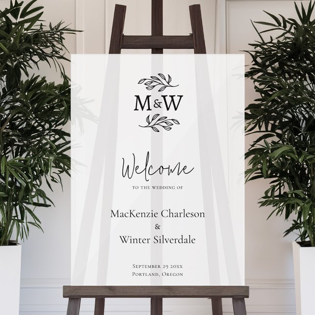 Botanischer Begrüßungsempfang für das Wedelpaar Mo Acrylschild (Modern minimalist wedding couple monogram initial wedding welcome sign)