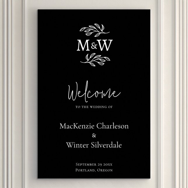 Botanischer Begrüßungsempfang für das Wedelpaar Mo Poster (Modern minimalist wedding couple monogram initial wedding welcome sign)