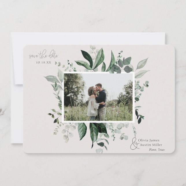Botanischer Blattgrün-Fotorahmen Save-the-Date (Vorderseite)