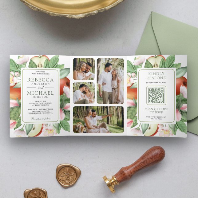 Botanischer Blumenapfel QR-Code Hochzeit Dreifach Gefaltete Einladung (Von Creator hochgeladen)