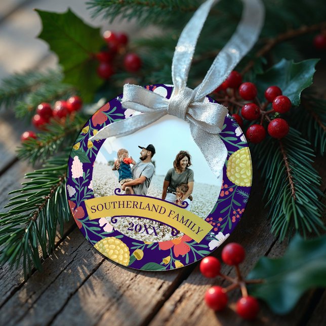 Botanischer Blumengarten Elegantes Foto Lila Ornament Aus Metall (Botanical Floral Garden Elegant Photo Frame Purple Metal Ornament)