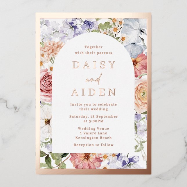 Botanischer Blumenstrauch Hochzeit Rose Gold Folieneinladung (Vorderseite)