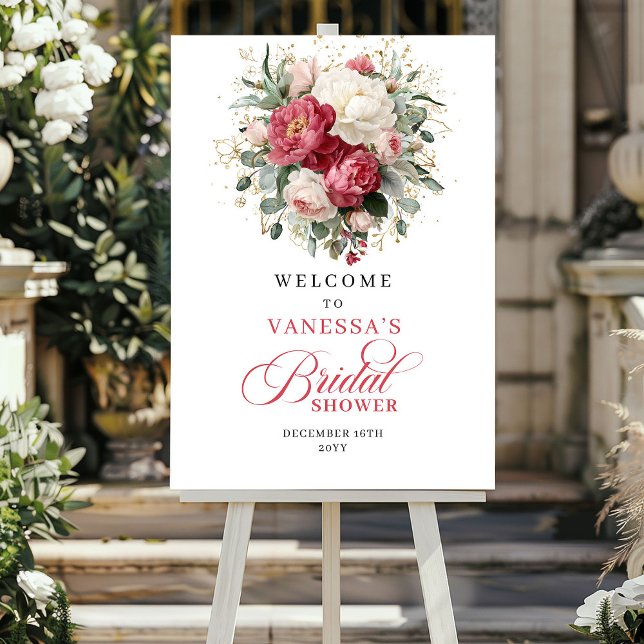Botanischer Blush-Burgunder-Blumen-Braut- Begrüßun Poster (Botanical Blush Burgundy Floral Bridal Shower Welcome)