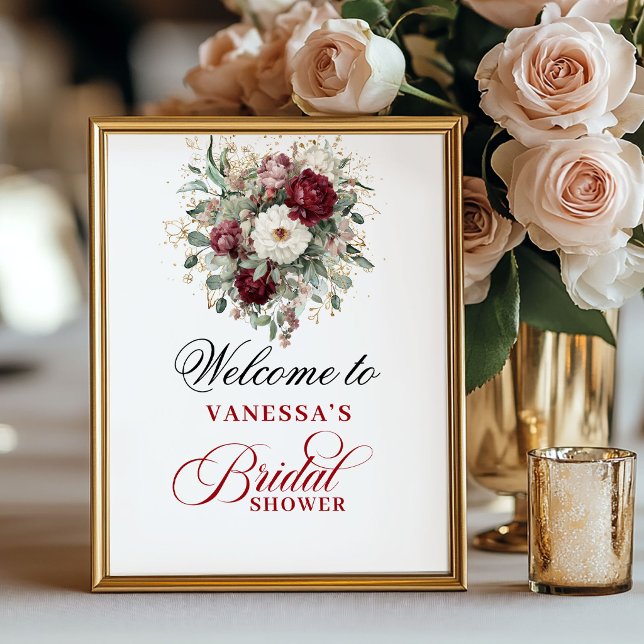 Botanischer Blush Burgunder Junggesellinnenabschie Poster (Botanical Blush Burgundy Bridal Shower Welcome)