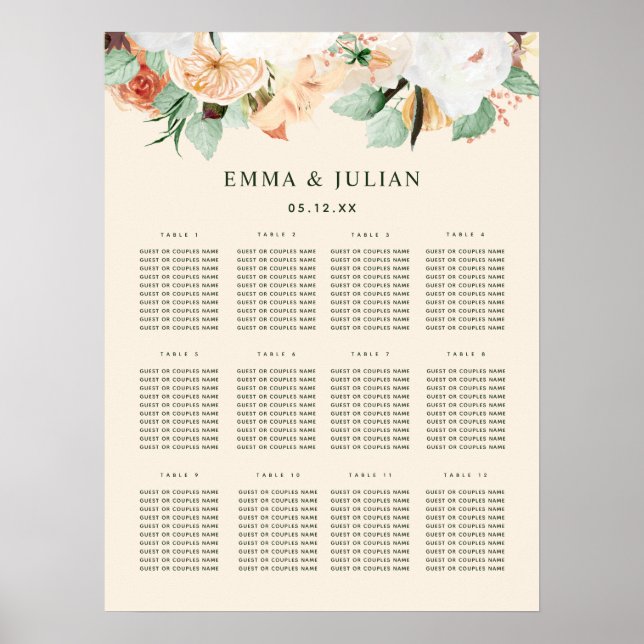 Botanischer Boho Peach Floral Wedding Chart Poster (Vorne)