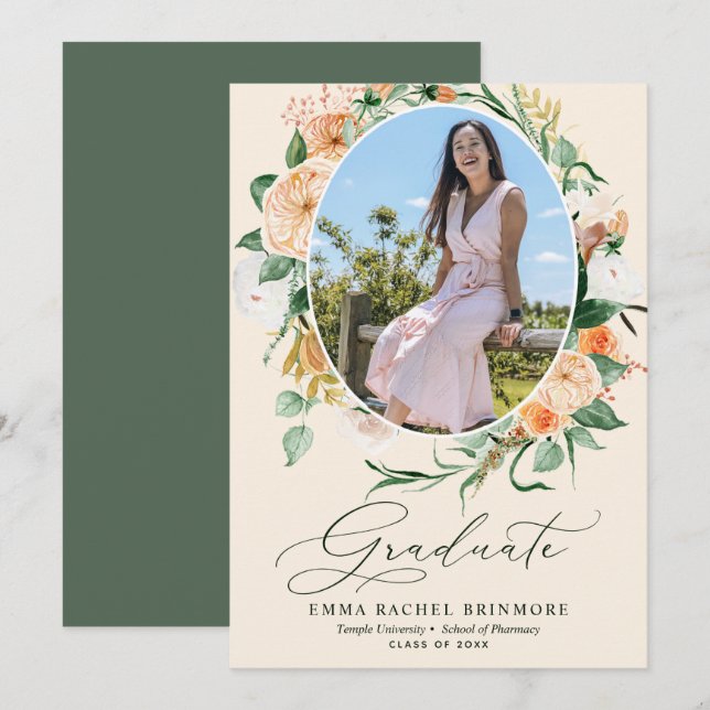 Botanischer Boho Peach Foto Abschluss Ankündigung (Vorne/Hinten)