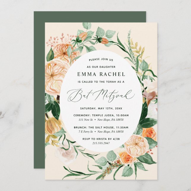 Botanischer Boho Personalisiert Peach Bat Mitzvah Einladung (Vorne/Hinten)