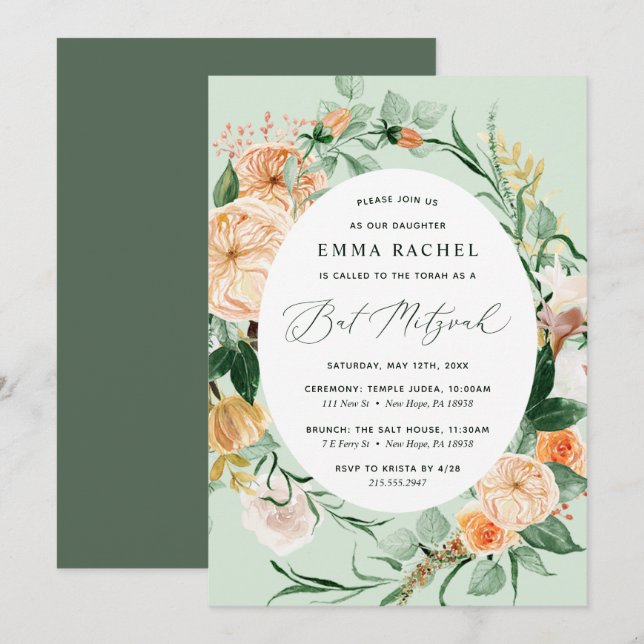 Botanischer Boho Personalisiert Sage Green Bat Mit Einladung (Vorne/Hinten)