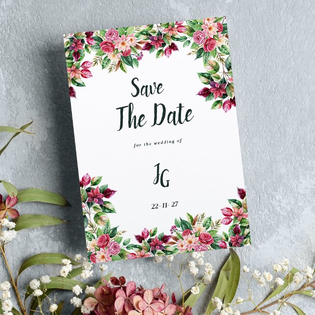 Botanischer Bordeaux, grün, grün, grün Save the Da Einladung (Botanic burgundy pink green floral Save The Date)