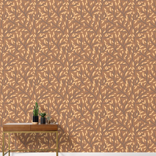 Botanischer Braunwald Blätter Weinberge Beige Tapete (Korridor)
