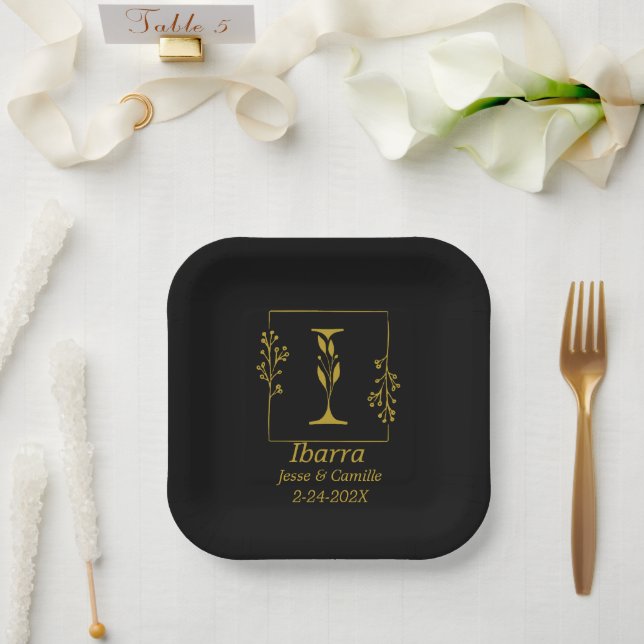 Botanischer Brief aus Schwarz und Gold I Pappteller (Hochzeit)